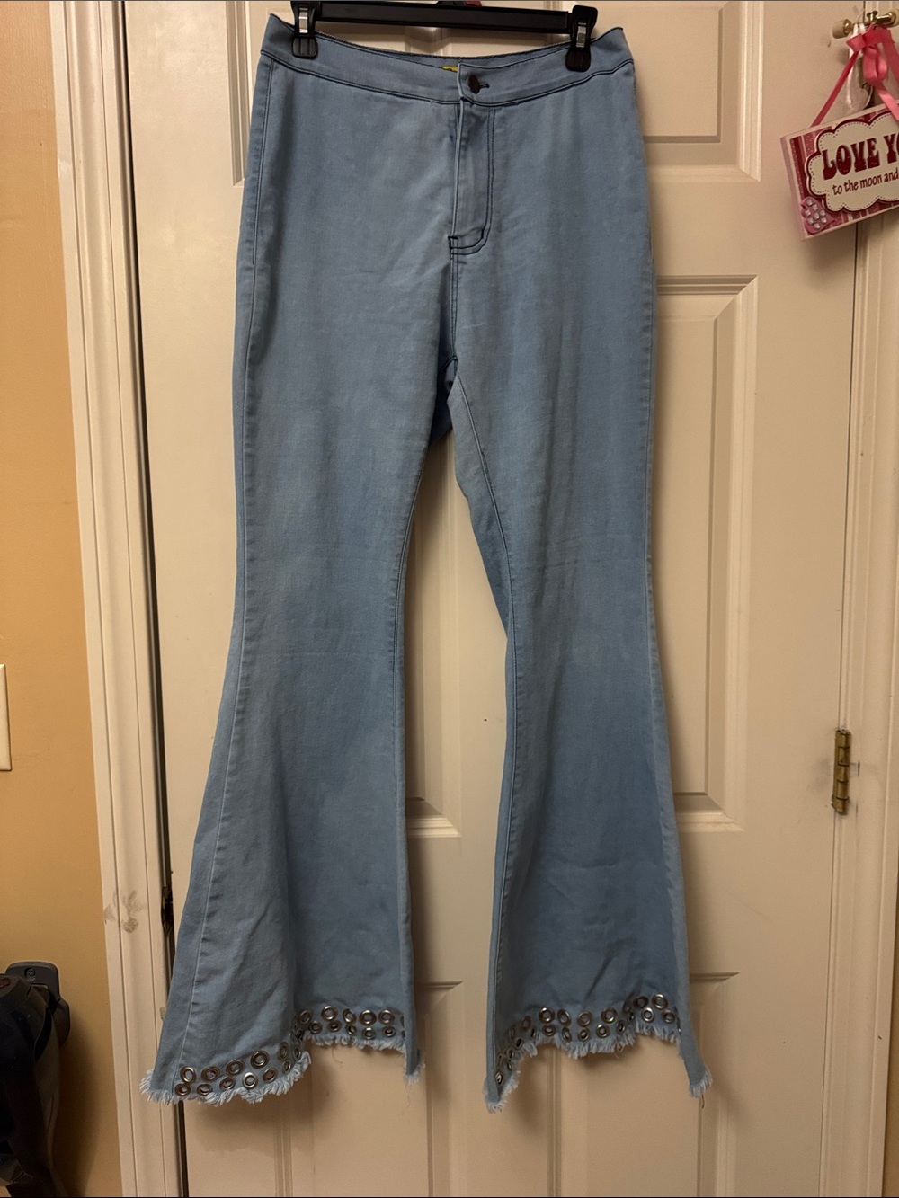 Daisy Light Blue Flare Jeans with Embellished Frayed Hem